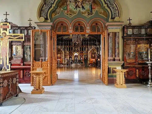 Interior of an Orthodox church with its iconostasis and icons
