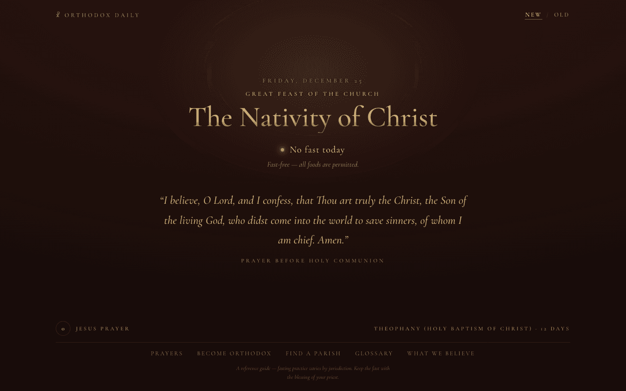 Orthodox Daily browser extension new tab page showing the feast of the day, fasting status, and a prayer